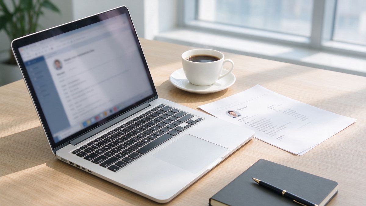 A modern desk with a laptop, a printed resume and a coffee cup